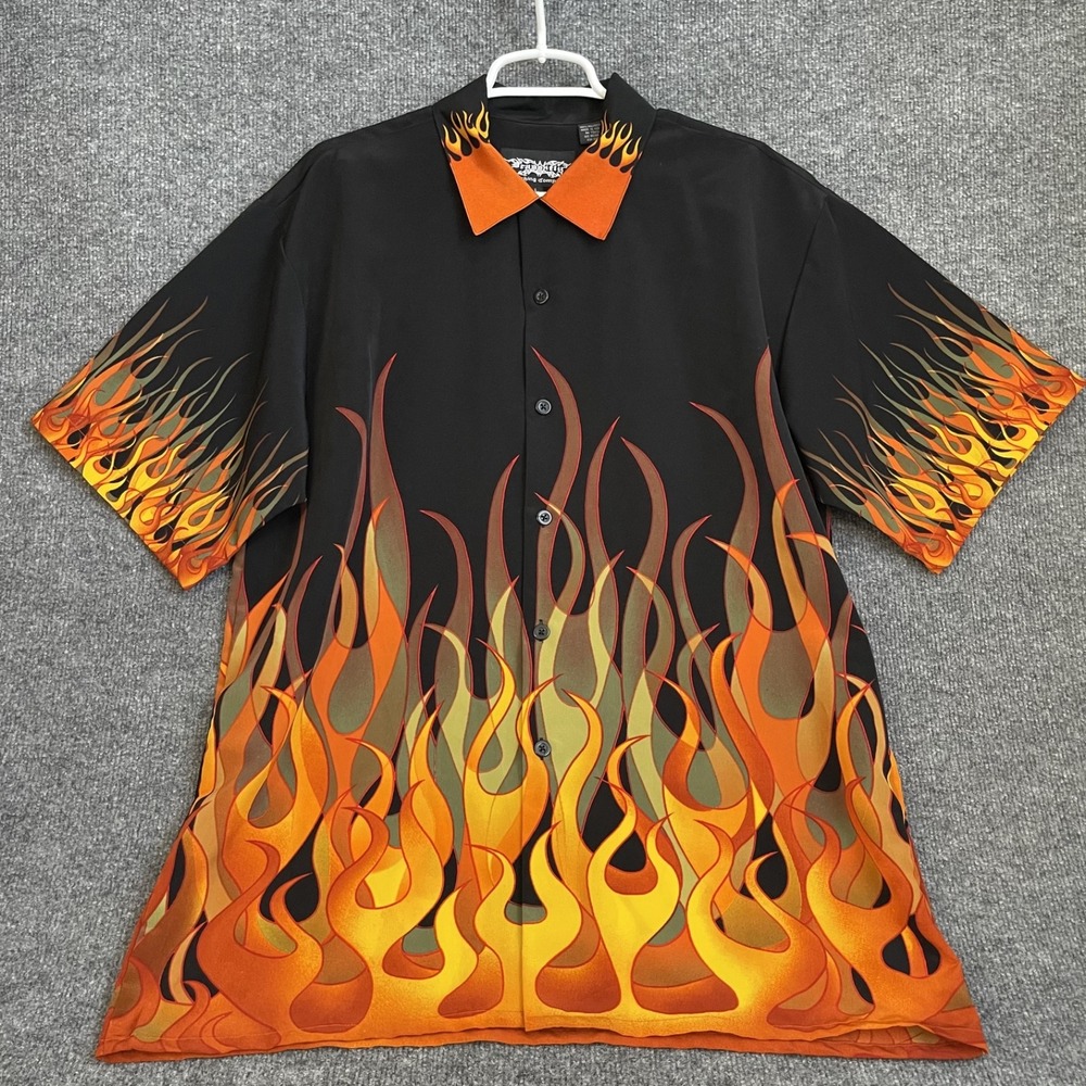 Dragonfly Clothing Company Flame Shirt Mens L Button Short Sleeve Camp Y2K Vtg
